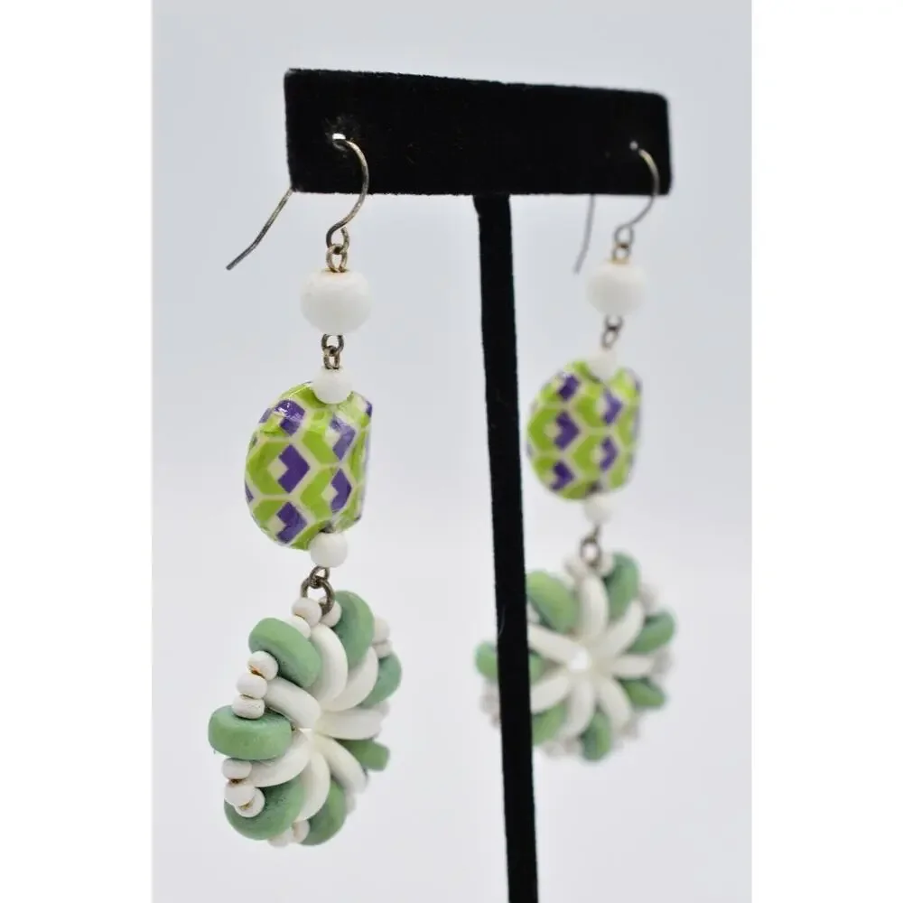 Vintage Statement Earrings Dangle Wooden Beaded Green White Funky 70s 80s 9L
